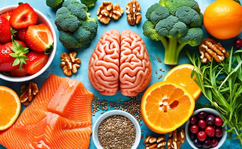 Collage of omega-3-rich foods, fruits, and vegetables linked to a child's brain, illustrating the connection between diet and mental health through neurotransmitters and the brain-gut axis.