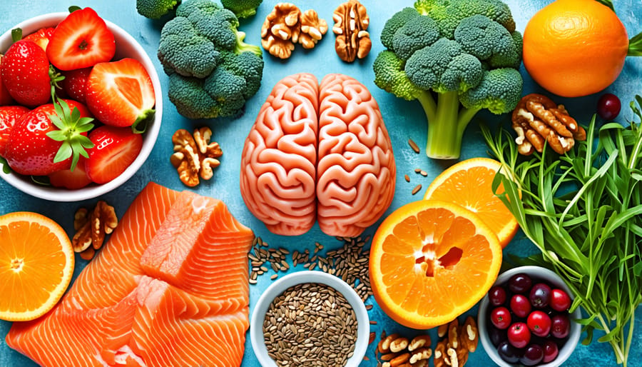 Collage of omega-3-rich foods, fruits, and vegetables linked to a child's brain, illustrating the connection between diet and mental health through neurotransmitters and the brain-gut axis.