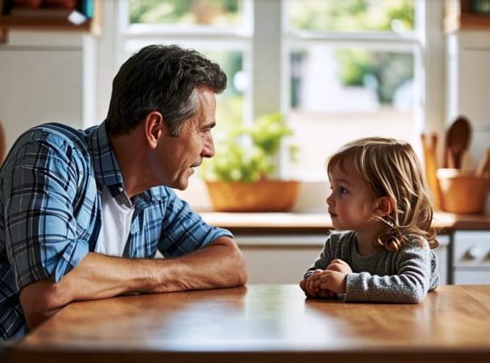 A caring parent having a sincere discussion with their child at a kitchen table, fostering a safe and open communication environment.