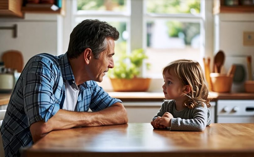 A caring parent having a sincere discussion with their child at a kitchen table, fostering a safe and open communication environment.