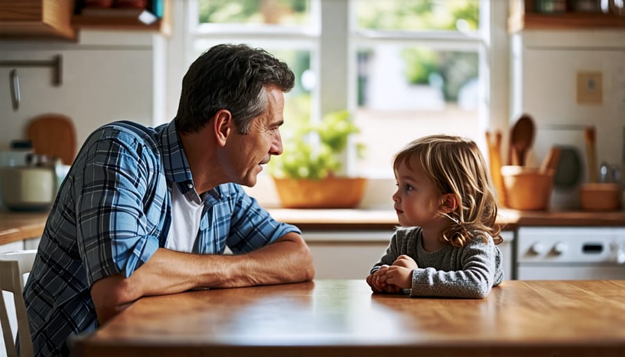 A caring parent having a sincere discussion with their child at a kitchen table, fostering a safe and open communication environment.