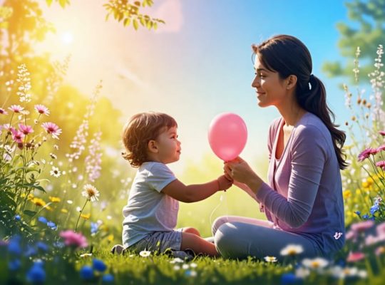 Illustration of a parent guiding a child through deep breathing exercises in a peaceful garden setting, symbolizing mindfulness practices for soothing PTSD.