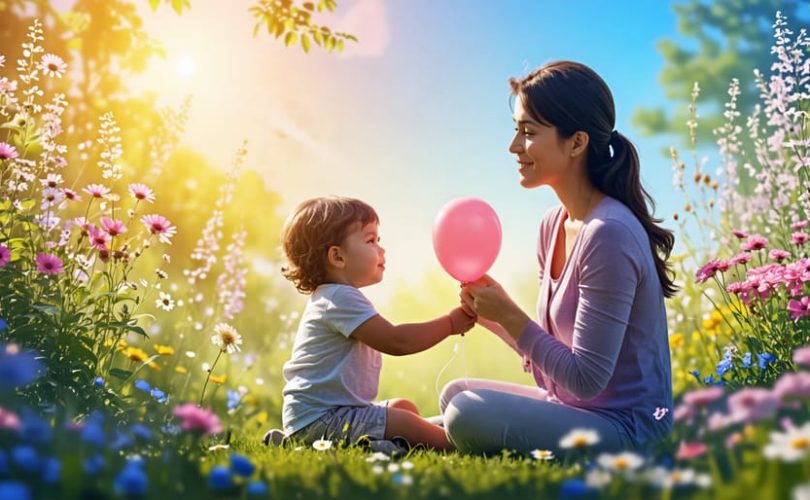 Illustration of a parent guiding a child through deep breathing exercises in a peaceful garden setting, symbolizing mindfulness practices for soothing PTSD.