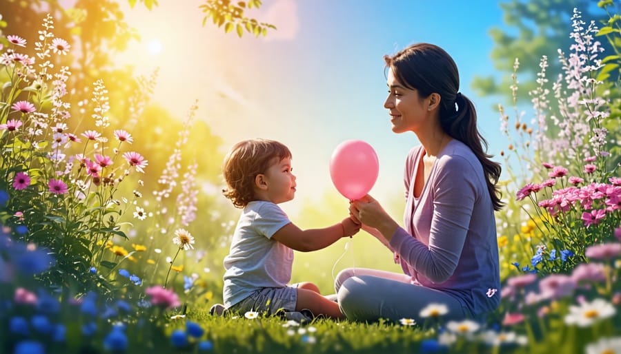 Illustration of a parent guiding a child through deep breathing exercises in a peaceful garden setting, symbolizing mindfulness practices for soothing PTSD.