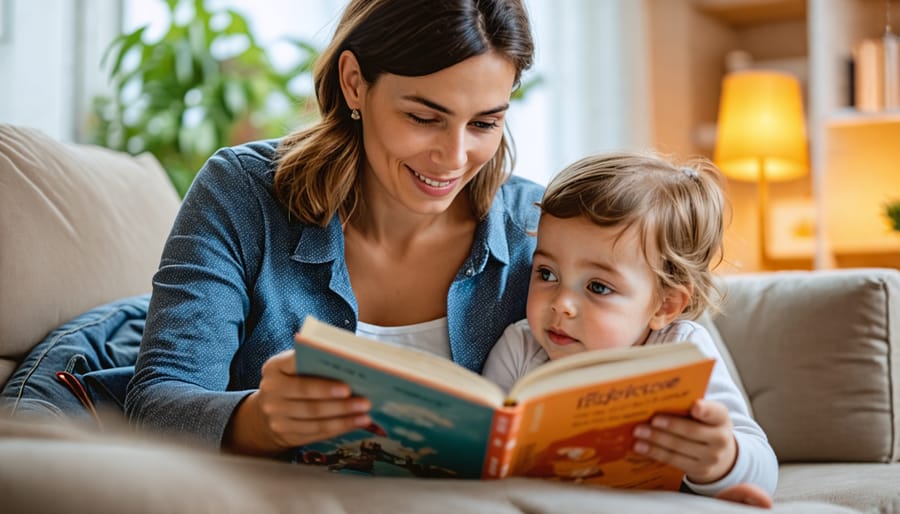 Parent helping child with reading homework, both smiling