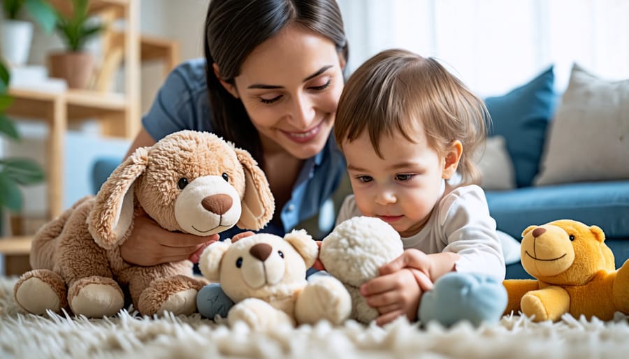 Parent and child using stuffed animals to practice emotional regulation skills through play at home