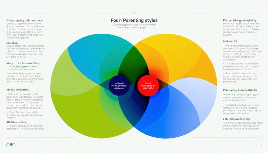 Venn diagram illustrating the similarities and differences between authoritarian, permissive, uninvolved, and authoritative parenting