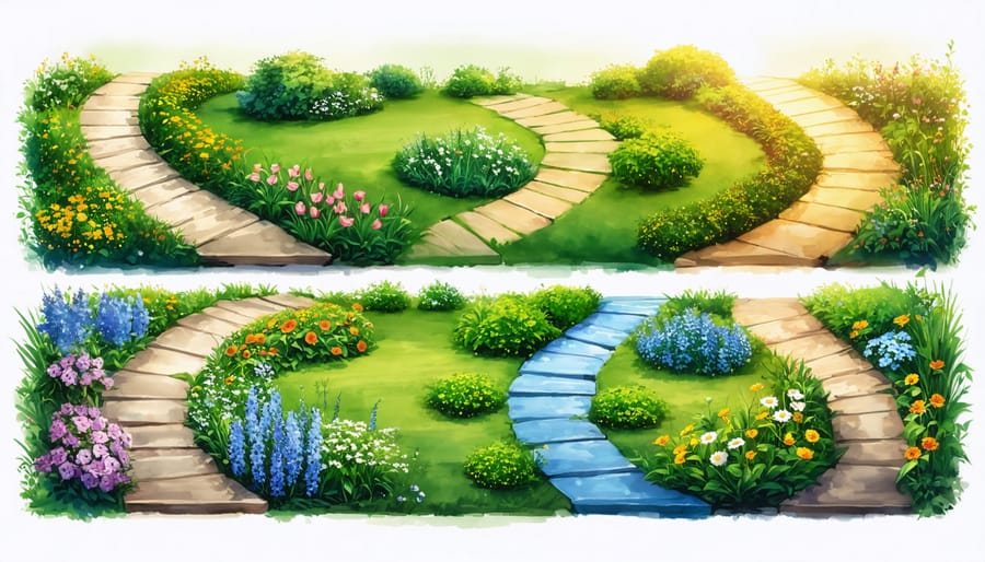 Conceptual illustration of a garden with four distinct paths representing authoritarian, permissive, uninvolved, and authoritative parenting styles, each with unique vegetation reflecting the outcomes of each style.