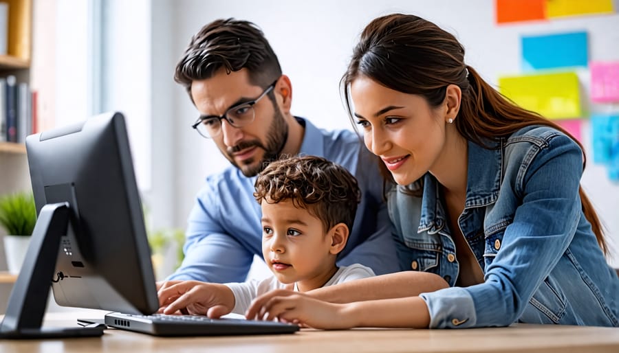 Adults collaborating to guide and supervise a child's online activities