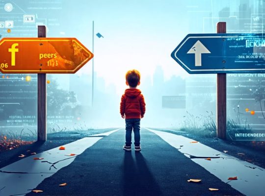 "Illustration of a child at a crossroads, symbolizing the choice between peer pressure and personal development, with digital influences in the background representing social media's role."