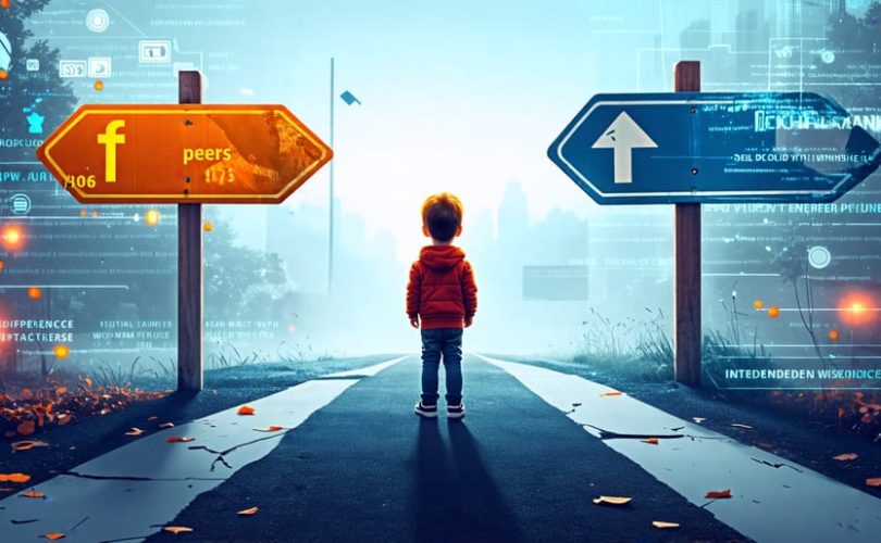 "Illustration of a child at a crossroads, symbolizing the choice between peer pressure and personal development, with digital influences in the background representing social media's role."