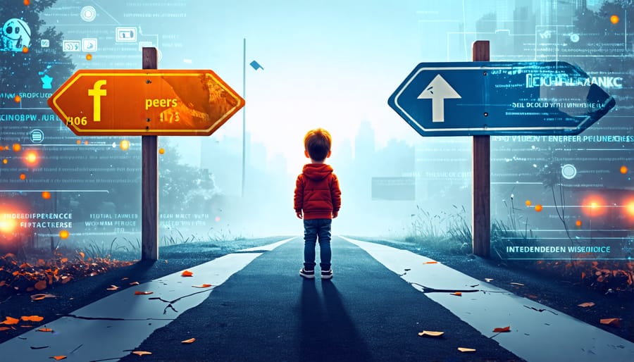 "Illustration of a child at a crossroads, symbolizing the choice between peer pressure and personal development, with digital influences in the background representing social media's role."