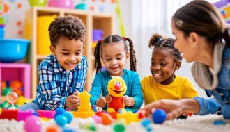 Children participating in a play therapy session with activities like bubble blowing and puppet role-play, guided by a therapist, to learn emotional regulation skills.