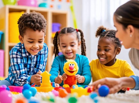 Children participating in a play therapy session with activities like bubble blowing and puppet role-play, guided by a therapist, to learn emotional regulation skills.