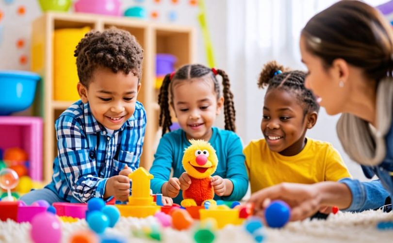 Children participating in a play therapy session with activities like bubble blowing and puppet role-play, guided by a therapist, to learn emotional regulation skills.