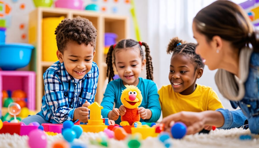 Children participating in a play therapy session with activities like bubble blowing and puppet role-play, guided by a therapist, to learn emotional regulation skills.