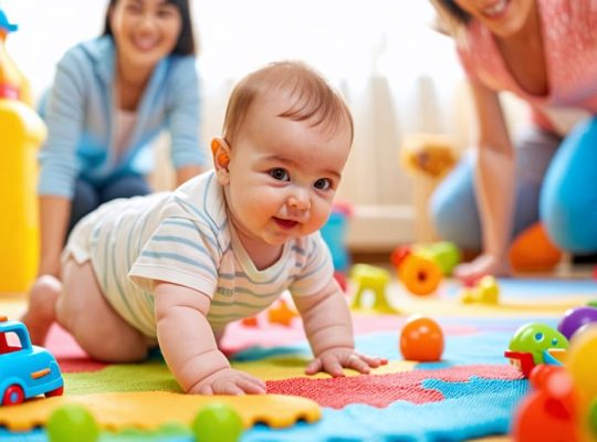 A cheerful infant enjoying tummy time on a colorful mat, surrounded by safe toys and engaging in developmental activities like reaching and crawling, with a parent interacting nearby.