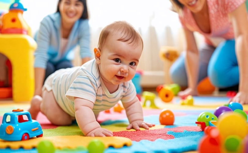 A cheerful infant enjoying tummy time on a colorful mat, surrounded by safe toys and engaging in developmental activities like reaching and crawling, with a parent interacting nearby.