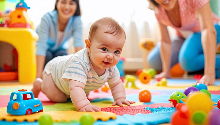 A cheerful infant enjoying tummy time on a colorful mat, surrounded by safe toys and engaging in developmental activities like reaching and crawling, with a parent interacting nearby.