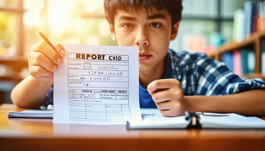 A student looking worried while holding a report card with low grades