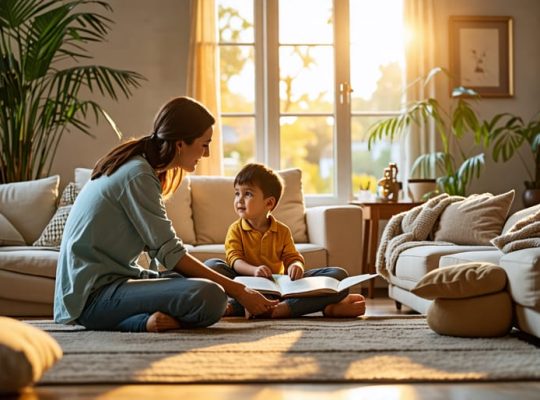 Parent and child having a supportive conversation in a cozy setting, demonstrating open communication and creative emotional expression.