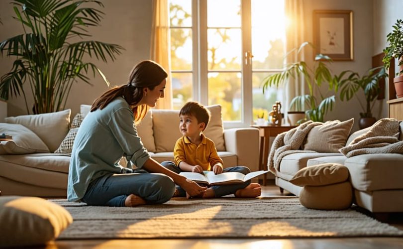 Parent and child having a supportive conversation in a cozy setting, demonstrating open communication and creative emotional expression.