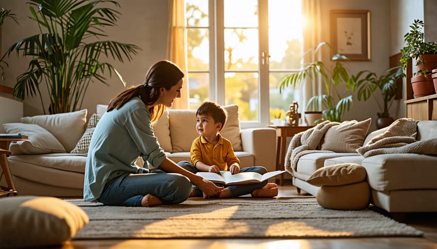 Parent and child having a supportive conversation in a cozy setting, demonstrating open communication and creative emotional expression.