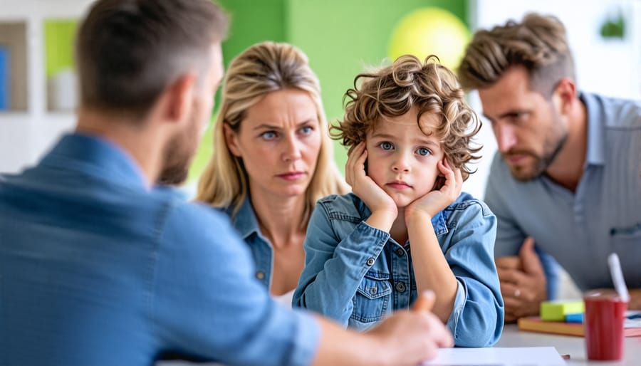 Parents and teachers attentively observing a child, learning to recognize signs of anxiety