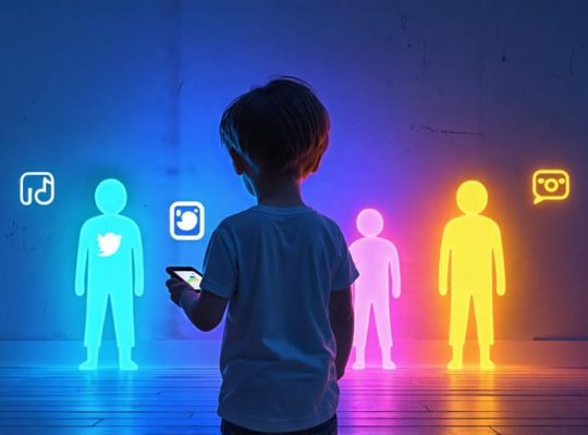 Conceptual image of a child surrounded by shadowy figures representing social media platforms, illustrating feelings of anxiety and isolation.