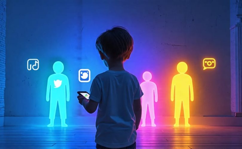 Conceptual image of a child surrounded by shadowy figures representing social media platforms, illustrating feelings of anxiety and isolation.