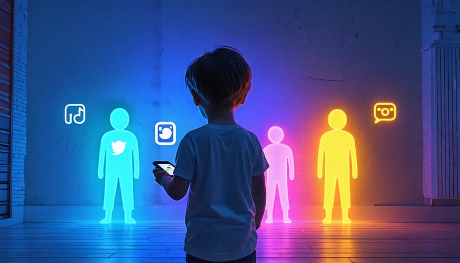 Conceptual image of a child surrounded by shadowy figures representing social media platforms, illustrating feelings of anxiety and isolation.