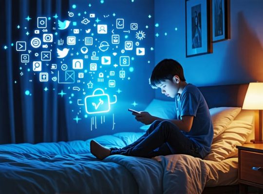 A young person sitting alone in their bedroom, looking worriedly at a smartphone, with dark social media icons hovering around, representing potential mental health challenges.