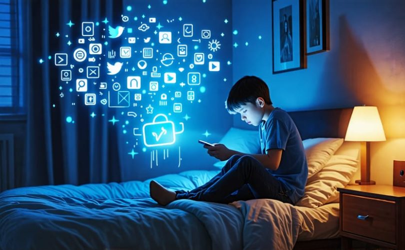 A young person sitting alone in their bedroom, looking worriedly at a smartphone, with dark social media icons hovering around, representing potential mental health challenges.