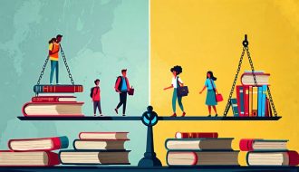 A symbolic balance scale depicting the disparity between affluent school resources and under-resourced schools, suggesting hope for educational equity.