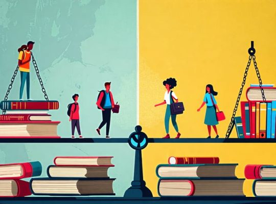 A symbolic balance scale depicting the disparity between affluent school resources and under-resourced schools, suggesting hope for educational equity.