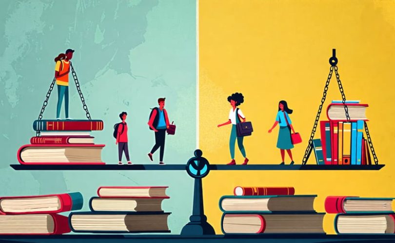 A symbolic balance scale depicting the disparity between affluent school resources and under-resourced schools, suggesting hope for educational equity.