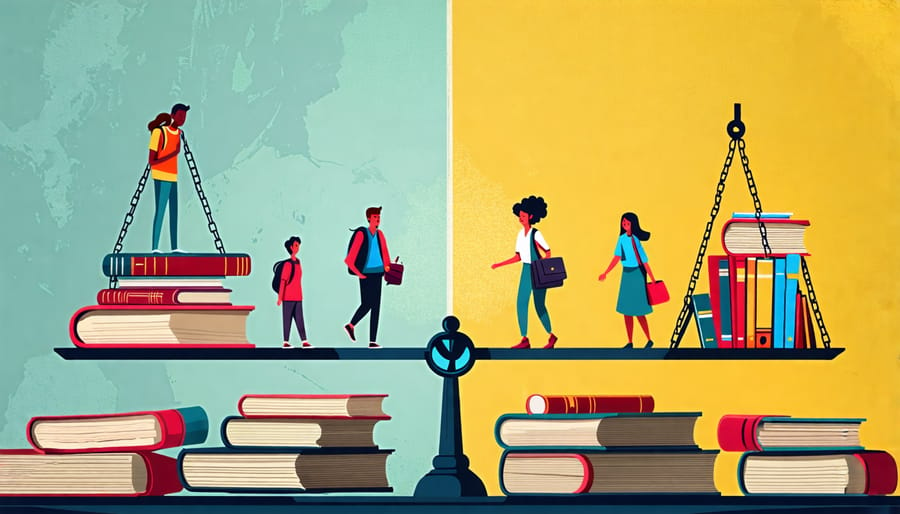 A symbolic balance scale depicting the disparity between affluent school resources and under-resourced schools, suggesting hope for educational equity.