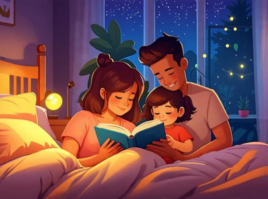 Parents and child gathered in a dimly lit bedroom, engaging in a soothing bedtime reading session that enhances relaxation and bonding.