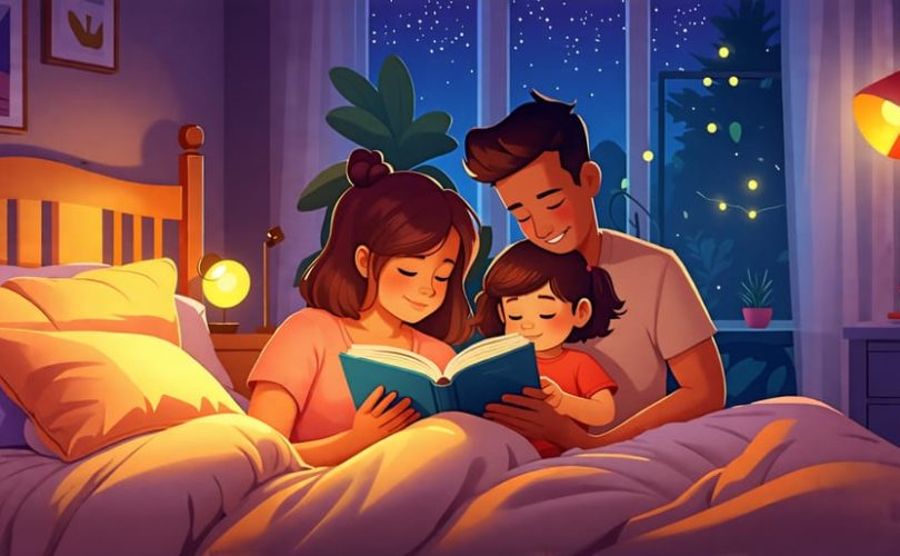 Parents and child gathered in a dimly lit bedroom, engaging in a soothing bedtime reading session that enhances relaxation and bonding.