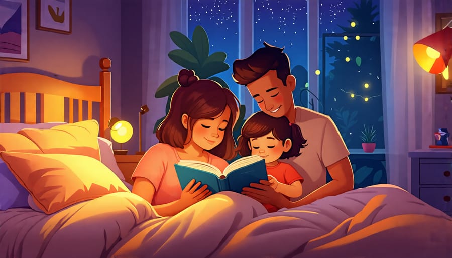 Parents and child gathered in a dimly lit bedroom, engaging in a soothing bedtime reading session that enhances relaxation and bonding.