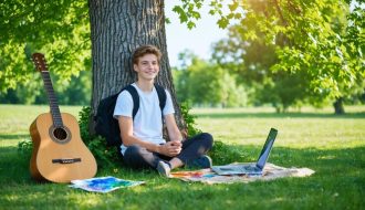 A student peacefully engaging in creative art and music activities outdoors, symbolizing a digital detox and reconnection with nature.