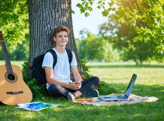 A student peacefully engaging in creative art and music activities outdoors, symbolizing a digital detox and reconnection with nature.