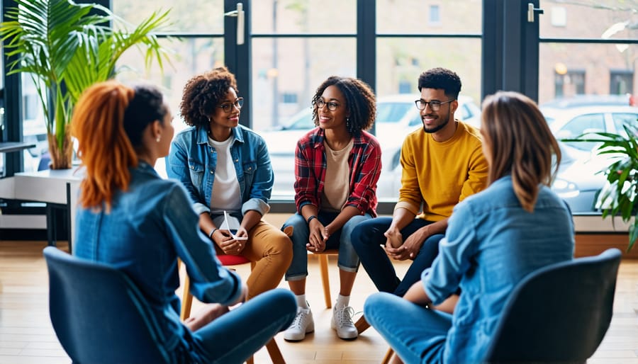 Support group members gathered together in a circle