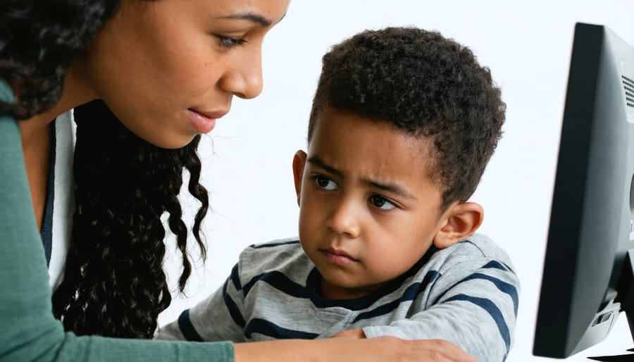 Concerned parent or teacher comforting a child victim of cyber bullying