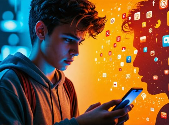 A teenager looking worried while using a smartphone, juxtaposed with shadowy images of social media icons representing the hidden threats and pressures.