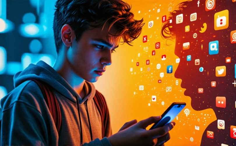 A teenager looking worried while using a smartphone, juxtaposed with shadowy images of social media icons representing the hidden threats and pressures.