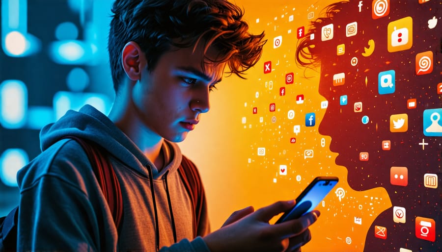 A teenager looking worried while using a smartphone, juxtaposed with shadowy images of social media icons representing the hidden threats and pressures.