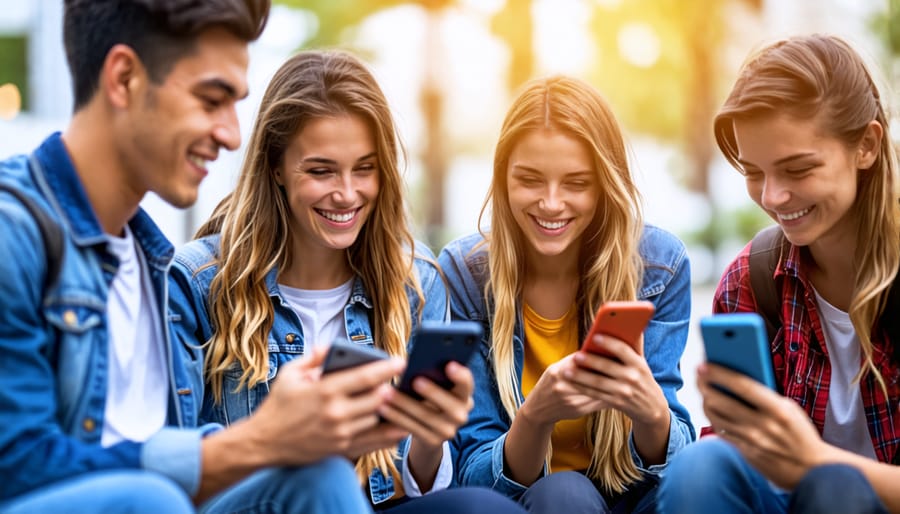 Teenagers connecting and socializing using their smartphones.