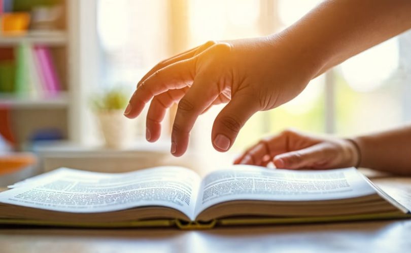 Conceptual illustration of a cautious hand hovering over a child reaching for a book, representing the delicate balance between parental support and independence in education.