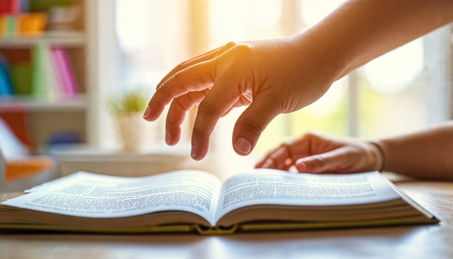 Conceptual illustration of a cautious hand hovering over a child reaching for a book, representing the delicate balance between parental support and independence in education.